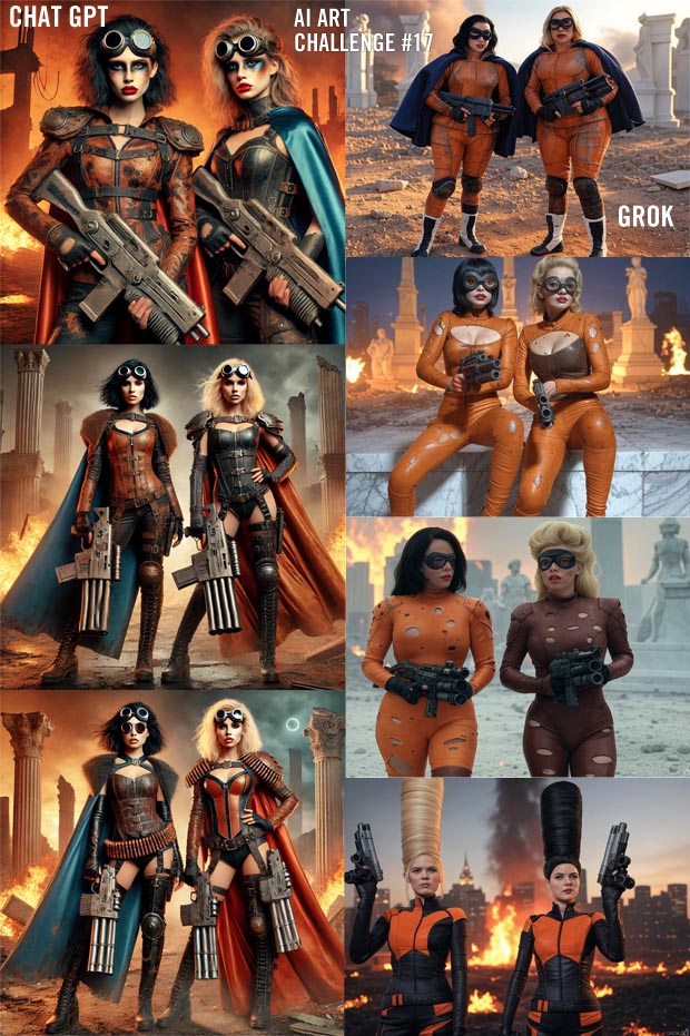 AI Art Challenge number 17 - click image to enlarge - Grok vs Chat GPT - Superhero women with complicated guns AI Art Challenge number 17 - Grok vs Chat GPT - Superhero women with complicated guns