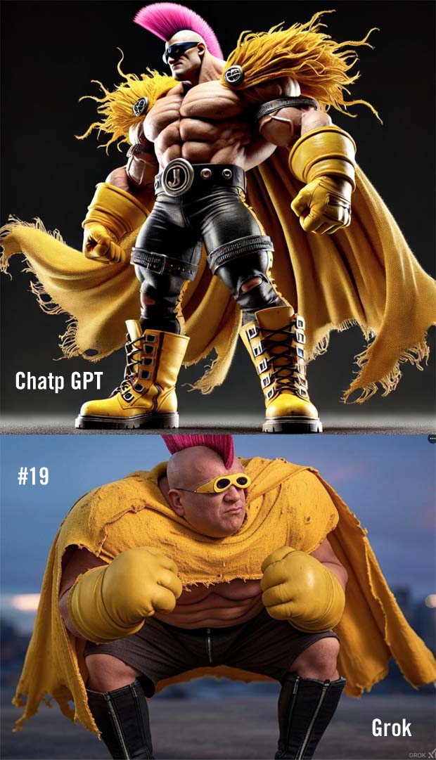 Grok vs Chatgpt 19 - yellow cape and pink mohawk - click to enlarge Grok vs Chatgpt 19 - yellow cape and pink mohawk