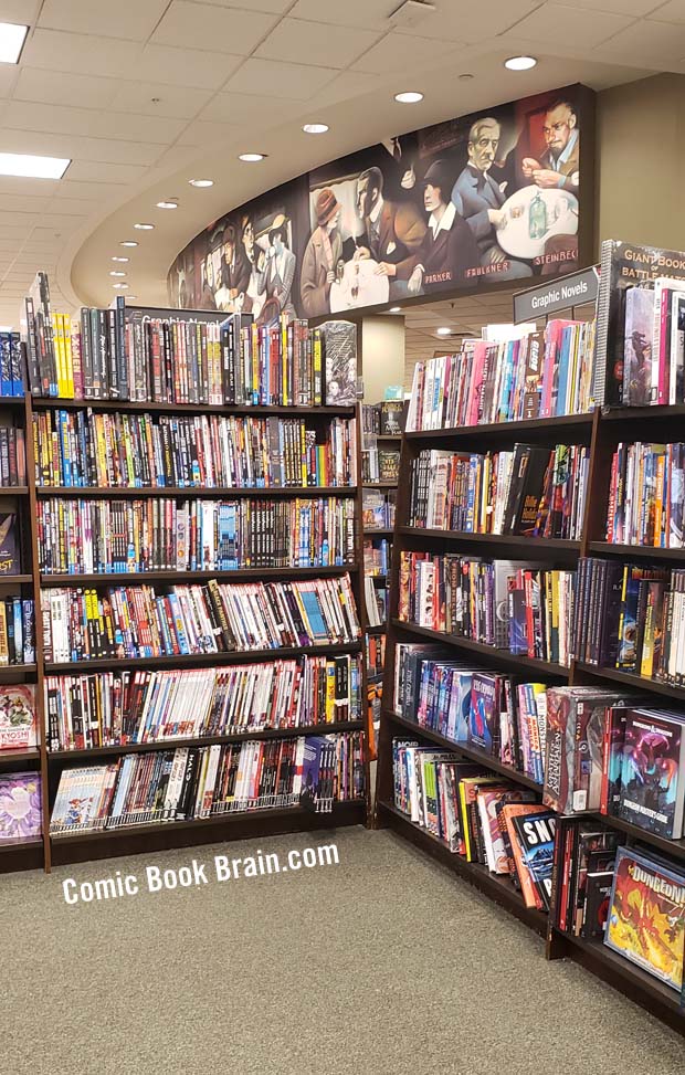 Two book cases of Marvel and DC Graphic Novels at Barnes and Noble - click to enlarge Two book cases of Marvel and DC Graphic Novels at Barnes and Noble