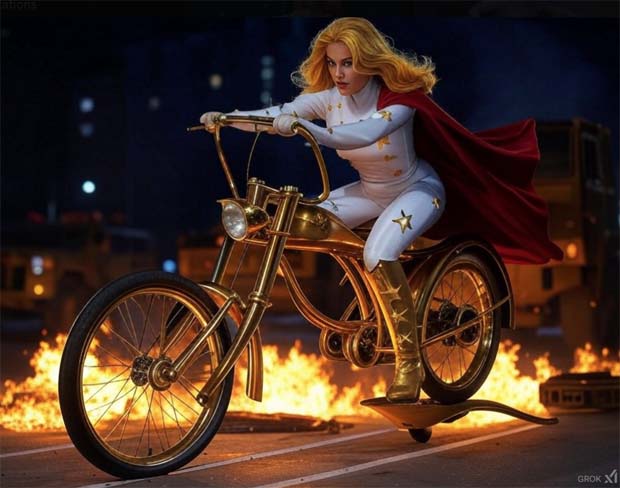 Flaming bicycle with white suited golden superhero woman Flaming bicycle with white suited golden superhero woman