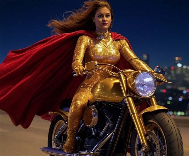 Gold Motorcycle Superhero Woman Gold Motorcycle Superhero Woman