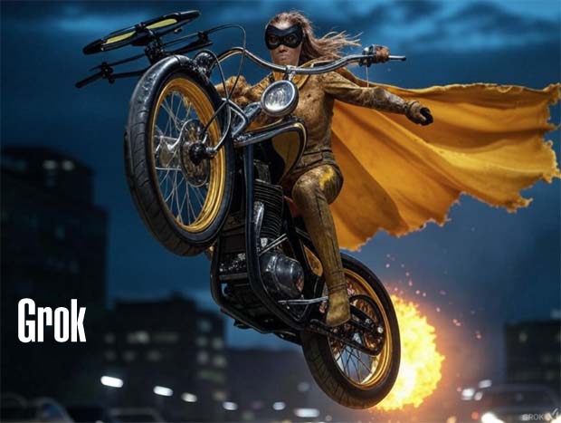 Golden motorcycle superhero in flames with drone Golden motorcycle superhero in flames with drone