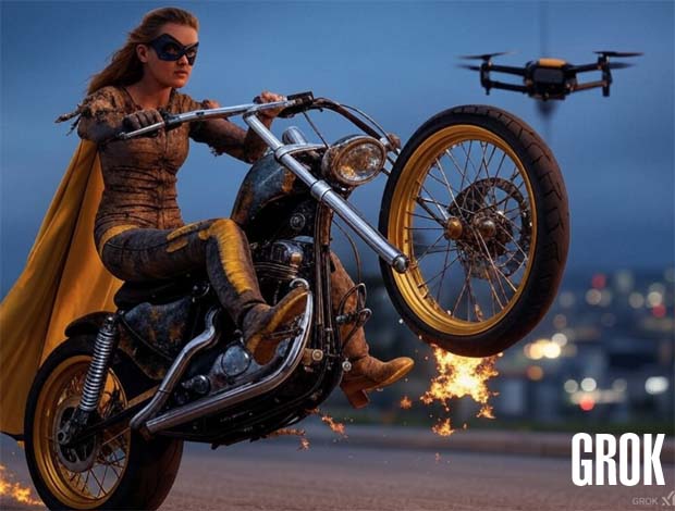 Motorcycle on fire superhero woman with drone in the air Motorcycle on fire superhero woman with drone in the air