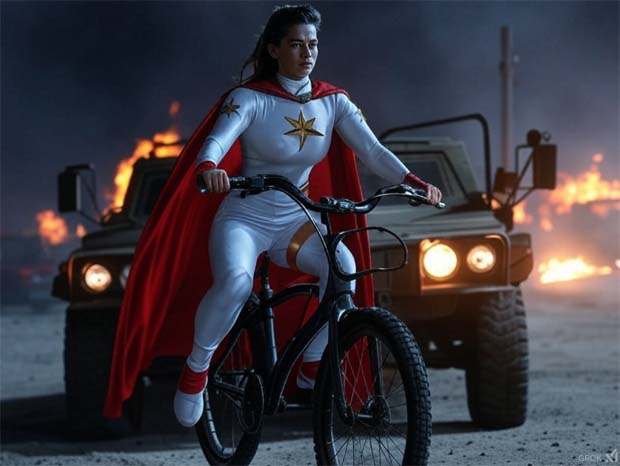 Superhero woman on bike with armored car Superhero woman on bike with armored car